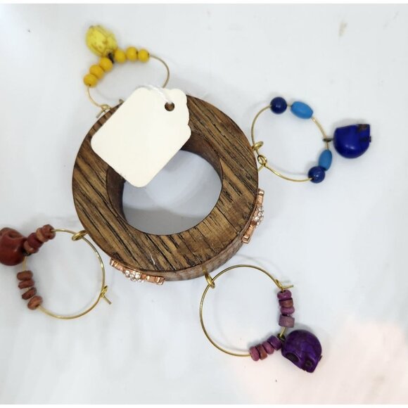 Colorful Skull-Themed Wine Glass Charms Set - 4 Unique Charms With Beads & Wood - Picture 10 of 15